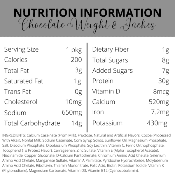 Nutrition Information | Weight & Inches Chocolate Protein Shake | South Ogden, UT | Timeless Med Spa