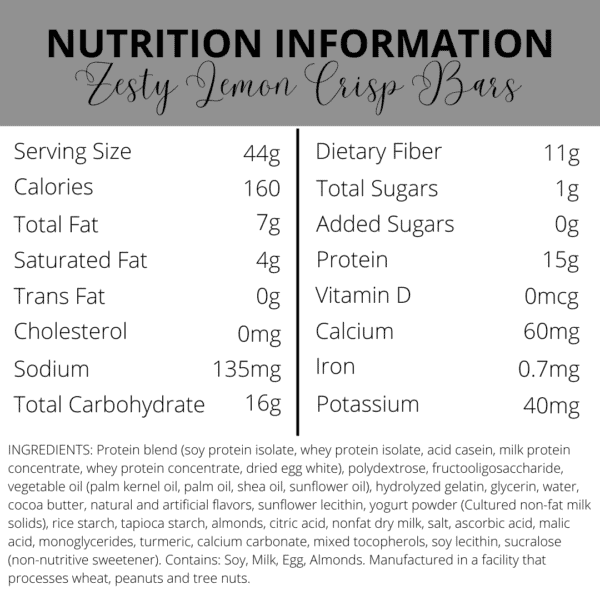 Nutrition Information | Zesty Lemon Protein Bar | South Ogden, UT | Timeless Med Spa