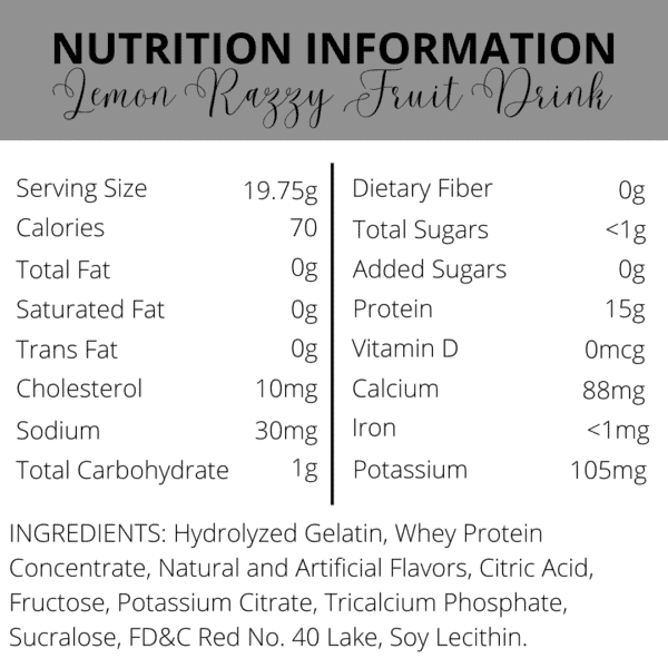 Nutrition Information | Lemon Razzy Fruit Protein Drink | South Ogden, UT | Timeless Med Spa