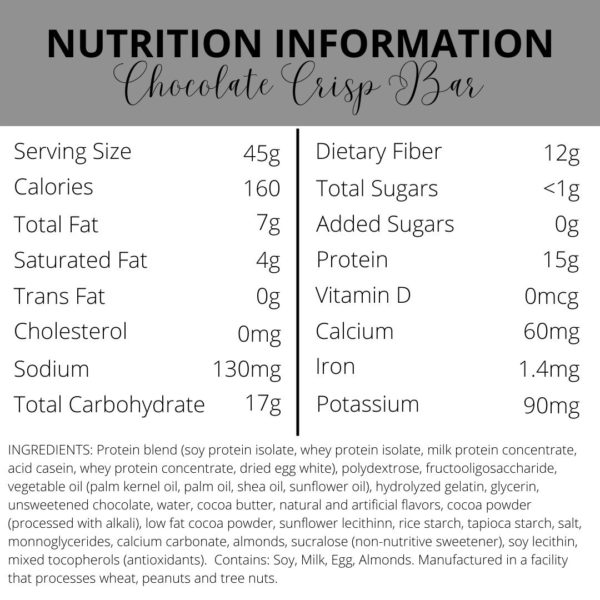 Nutrition Information | Chocolate Crisp Protein Bar | South Ogden, UT | Timeless Med Spa