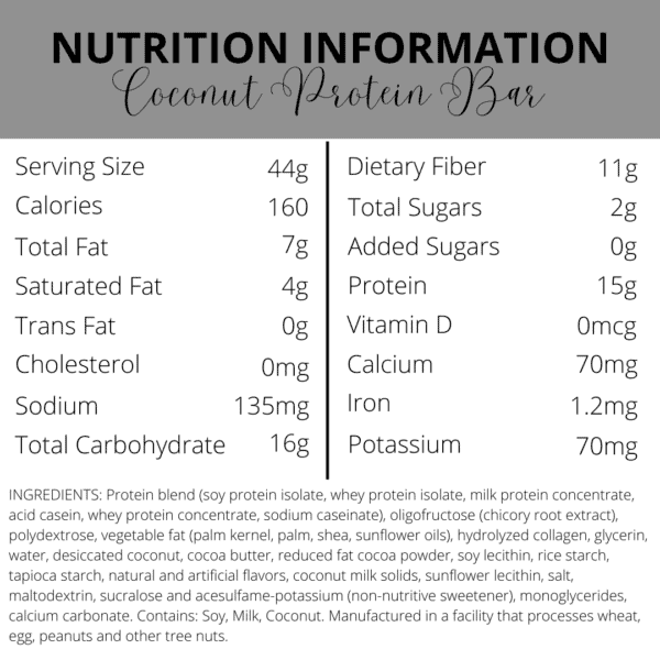 Nutrition Information | Coconut Protein Bar | South Ogden, UT | Timeless Med Spa