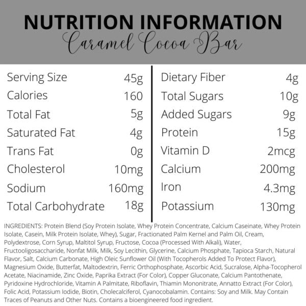 Nutrition Information | Caramel Cocoa Protein Bars | South Ogden, UT | Timeless Med Spa